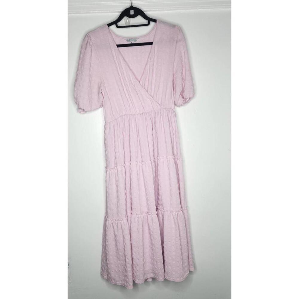 Ophelia Roe Dress Womens Medium Pink Textured Tiered Midi V Neck Puff Sleeve